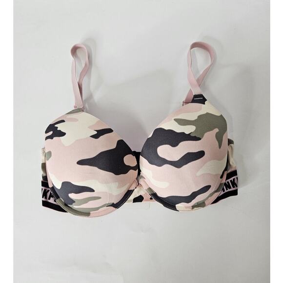 Vtg Y2k PINK Victoria Secret Camo Pink Super Push Up Bra Womans Size 32DD - Picture 1 of 6